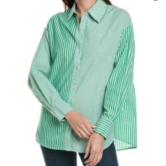 NWT CAbi Dad Shirt Green and White Striped Button Down Shirt - Picture 5 of 14